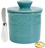 TAOUNOA Butter Crock - French Butter Keeper Dish with Lid for Countertop, Ceramic Crock with Water Covered Keeper Holder for Kitchen, Blue