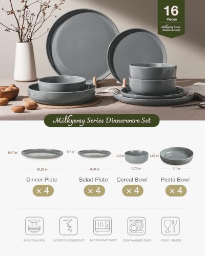 Image of Famiware Milkyway Stoneware Dinnerware Sets with Pasta Bowls, Service for 4 (16 Pieces), Plates and Bowls Sets -Scratch Resistant, Microwave and Dishwasher Safe Dishes Set, Dark Gray