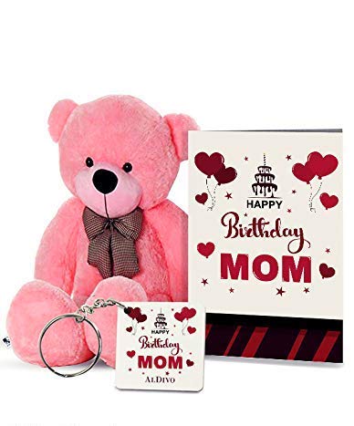 alDivo Happy Birthday Mom Gifts of Soft Teddy Bear, Mom Key Ring and Mom Wishes Greeting Card (MKD10529)