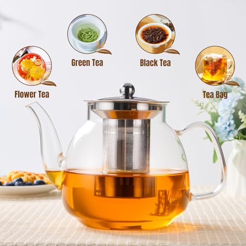Image of PARACITY Glass Teapot Stovetop 50 OZ /1500ml, Tea pot with Removable 18 /8 Stainless Steel Infuser, Borosilicate Clear Tea Kettle, Teapot Blooming and Loose Leaf Tea Maker Tea Brewer for Camping, Travel