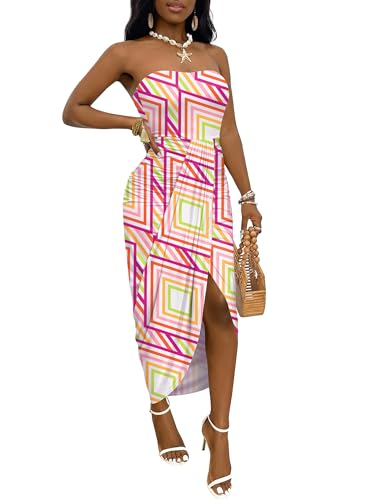 Image of Umenlele Women's Strapless Ruched High Waist Wrap Split Asymmetrical Beach Maxi Long Dress