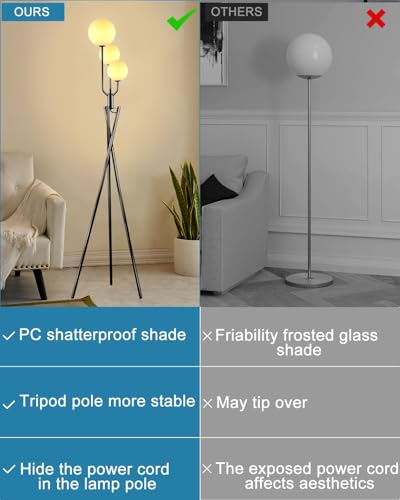 Image of Lightdot Black Tripod Floor Lamp 3 Pole Vintage Standing Lamps with Stable Base& 3Pcs Globe 3000K Warmwhite Bulbs Included Mid Century Modern Floor Lamp for Living Room /Sofa Beside /Corner Decor