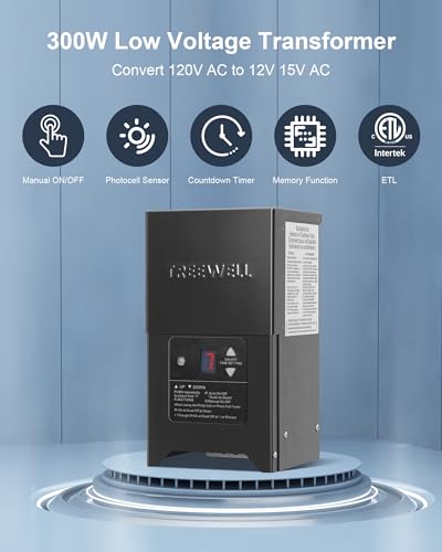Image of 300W Low Voltage Landscape Transformer, Outdoor Landscape Lighting Transformer with Photocell Sensor & Timer, 120V AC to 12V /15V AC, Stainless Steel Waterproof Transformer, Black, ETL Listed