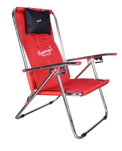 Image of Adjustable Folding Relax Chair with Armrest & Headrest | Multi-Position Recliner Chair for Home, Balcony & Outdoor Use | Portable Metal Easy Chair (Red)