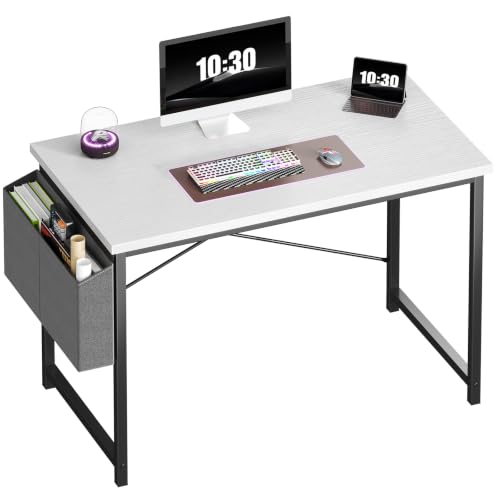 Image of OLIXIS Computer Desk, 44 Inch Gaming Desks for Home Office Small Spaces | Writing Study Craft Work Table, Computer Workstation for Bedroom with Storage Bag, White
