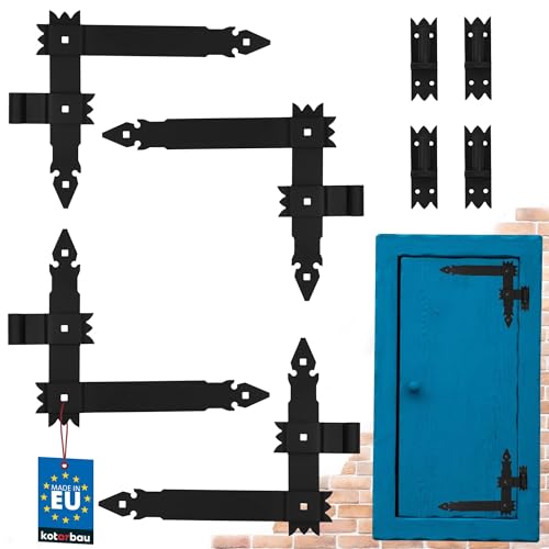 KOTARBAU® 4 x Bisagras de esquina forjada, Herraje para contraventanas, puertas, Bisagras en L 400x300, Bisagras para contraventanas de madera, Bisagras decorativas, retro, 4 Goznes con pernios, Negro