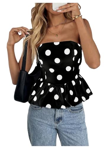 Milumia Women's Polka Dots Peplum Tube Top Strapless Puffy Bubble