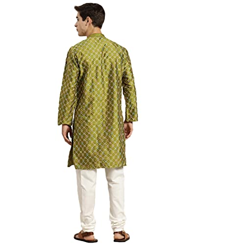 Image of SOJANYA, Men's Silk Blend NavyBlue Kurta with Multi Color Embroidery and Off-White Pyjama