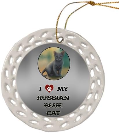 Doggie of the Day Russian Blue Cat Christmas Doily Ceramic Ornament