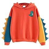 KLANNIZEROE Casual Loose Color Block Long Sleeve Dinosaur Hoodies Pullover Tops Hooded Sweatshirt(XL, Red)