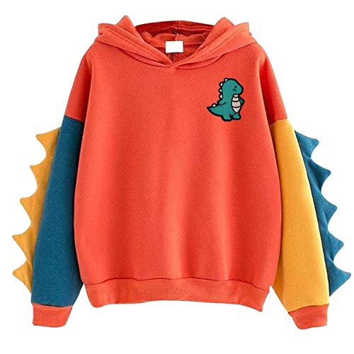 KLANNIZEROE Casual Loose Color Block Long Sleeve Dinosaur Hoodies Pullover Tops Hooded Sweatshirt(XL Red)