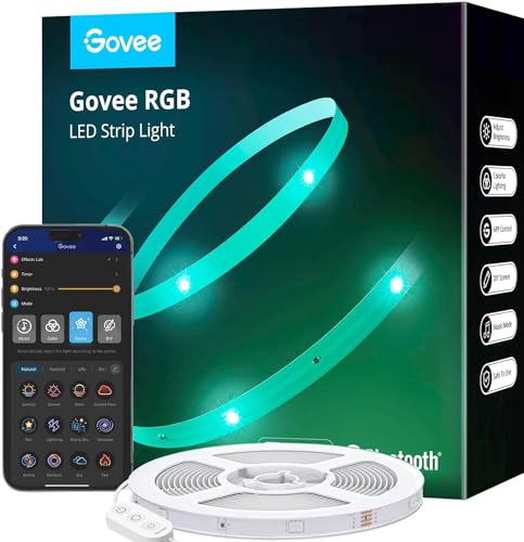 Govee Bande LED, bande LED RVB Bluetooth, changement de couleur, synchronisation de la musique, 64 modes scène, contrôlable via application et boîtier de contrôle