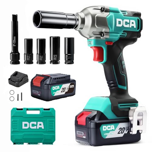 DCA Clé à chocs sans fil 20V Brushless, 682 Nm de couple max, enclume à anneau 13 mm, 2* batterie Li-ion 4000 mAh, 4 modes, lampe LED, design compact, fonction Smart Loosen ADPB520