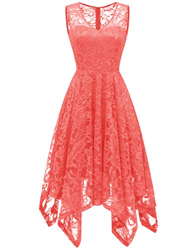 Womens Lace Cocktail Dress Elegant Floral Sleeveless V-Neck High Low Formal Prom Dress Coral S