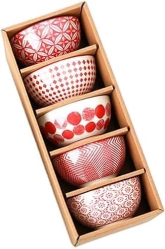 Vilom おしゃれボウル 5個セット 陶器製 シンプル 重ねて収納可 スープ・丼・うどん・ラーメン・カレー・サラダ・パスタ対応 食器洗い機・電子レンジ・オーブン使用可 業務用 家庭用 (レッド)