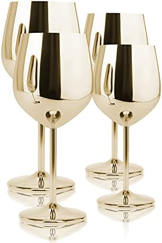 Crownyard Stainless Steel Unbreakable Stemmed Wine Glasses,Wine Goblets Copper ,Pink, gold,Silver 4sets,17 oz Red Wine Goblets, Unbreakable Goblets for Outdoor& Indoor . (Gold / Gift Package, 4)