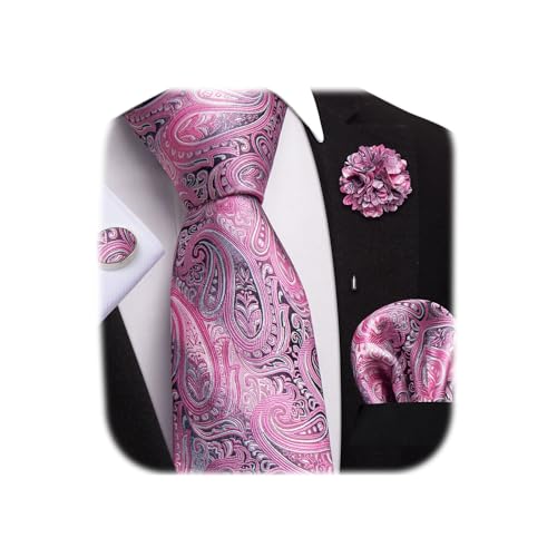 Image of Dubulle Mens Tie and Lapel Pin Paisley Striped Floral Necktie for Men Pocket Square Cufflinks 4PCS Set Wedding Party