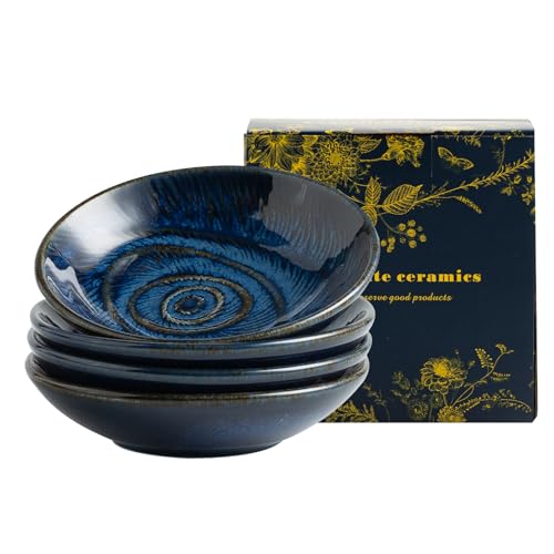 zerokyclan Ocean Reactive Glaze Soy Sauce Dishes - 4-Piece 3.4oz Sea Wave Ceramic Bowls, Ideal for Kitchen, Side Dishes, Appetizers, Sushi & Snacks (blue)