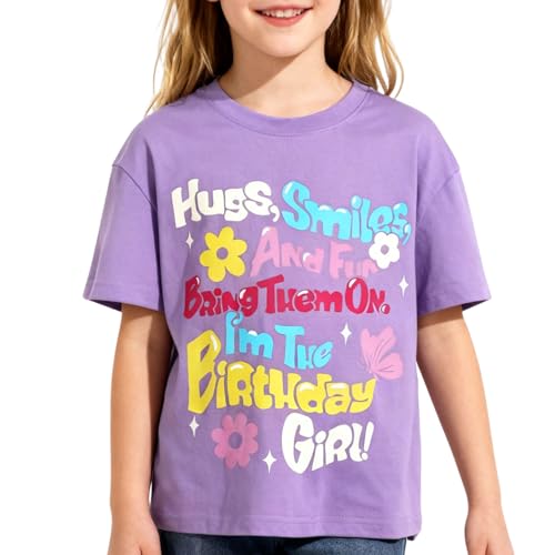 Image of WELAKEN Girls Soft T-Shirt with Curved Hem, Breathable Stretchy Rayon Crewneck Short Sleeve Tees, Kids Everyday Basic Top