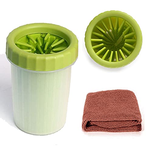 Portable Dog Cat Paw Washer Cleaner Set, 2 in 1 Silicone Cleaning Brush Large Feet Cleaner Cup with Premium Towel (L, Green)