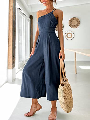 Logene Women's Summer One Shoulder Straps Pleated Sleeveless High Waist Casual Wide Leg Jumpsuits Romper With Pockets 5L02-Zangqing-M Navy Blue #TOP1