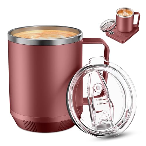Image of Felibeaco 16oz Heated Coffee Mug with Flat Bottom for Rapid Heating, Stainless Steel Heated Coffee Cup Suitable for Different Coffee Mug Warmer /Heaters, Heated Mug /Cup for Home and Office Desk,Red