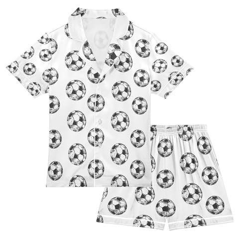 senya Soccer Balls Black White Satin Summer Pajama Sets Silk Short Sleeve Button Down Sleepwear