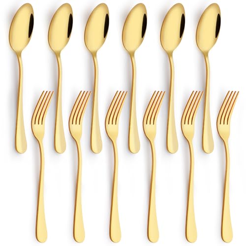 12 Pieces Spoons and Forks Set Food Grade Stainless Steel Flatware Cutlery Set 6 Forks(6.8 inch)and 6 Spoons(6.6inch)Silverware Set for Home Kitchen Restaurant-Mirror Polished & Dishwasher Safe(Gold)