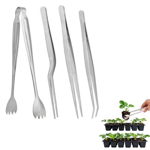 Seedling Transplant Tong & 3pcs Tweezers Set, Stainless Steel Long Thin Seed Starter Seedling Transplanting Pliers Gardening Planting Tool Stuffer Supplies for Plant Lowering Root Damage (Silver)