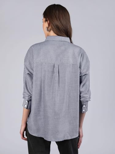 Image of Urbano Fashion Women's Cotton Full Sleeve Oversized Fit Casual Striped Shirt with Spread Collar