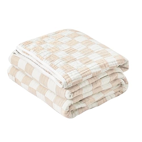 Image of SANACYNA 100% Cotton Muslin Blanket 6-Layer Gauze Cream Grid Cooling Blanket Lightweight Soft and Breathable Blanket for Sofa Couch Bed Coverlet Both Sides (Cream, Throw 50 inchx60 inch)