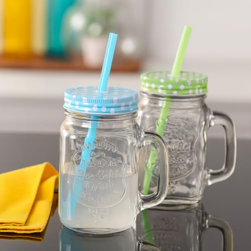 Image of Glass Mason Jar with Handle, Lid & Straw | 450ml Transparent Glass Mug for Juice, Milkshake, Smoothie & Mocktail | Leakproof BPA-Free Party Jar for Kitchen & Outdoor Use (PACK OF 2) (Multicolor)