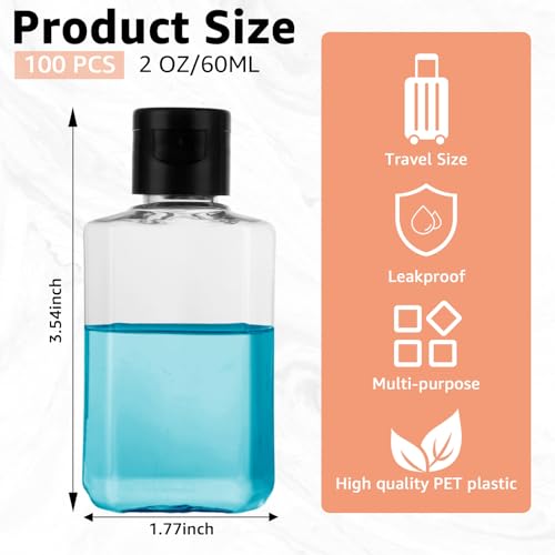 100 Pack 2 oz Empty Hand Sanitizer Bottle Plastic Refillable Bottles with Flip Cap Clear Travel Size Bottles Mini Hand Sanitizer Refillable Containers for Shower Gel Face Creams Body Lotions2