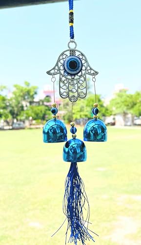 WS Evil Eye Wind Chime 3 Bells for Home & Office - Brings Positive Vibes & Removes Negative Energy | Evil Eye Wall Hanging | Evil Eye Wind Chime | Evil Eye 3 Bells