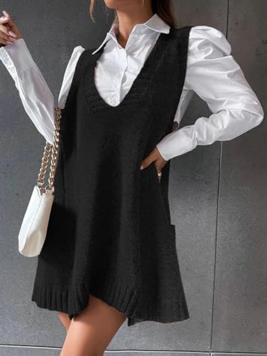 Image of Zeagoo Womens Sweater Vest Dress Pattern Knitted Pullovers Sweaters V Neck Tank Sweater Dress with Pockets