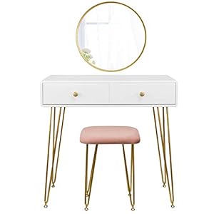 EUGAD 0018SZT Make-up tafel met kruk, kaptafel met ronde spiegel en 2 schuifladen voor slaapkamer, bureau van MDF en…