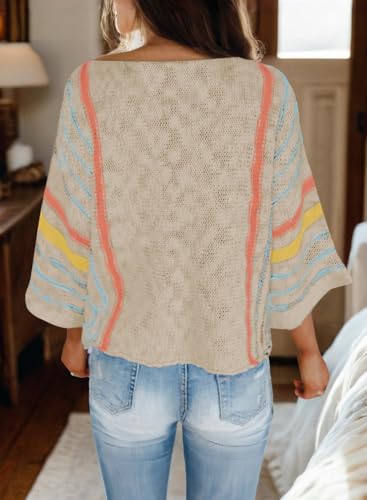 Image of Dokotoo Womens 2026 Spring Summer Casual Crewneck 3 /4 Sleeve Striped Lightweight Knit Trendy Boho Tops Pullover Sweaters