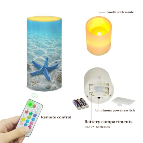 Image of Poceacles Flameless Candle Battery Powered with Remote Control 12 Colors 4 /8 Hours Timer LED Night Lights Pillar Candle Tealights Home Indoor Decor, Blue Starfish Seashell