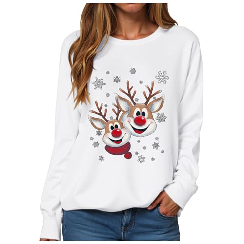 SHINEHUA Christmas Sweatshirts for Women Uk Funny Graphic Reindeer Santa Xmas Jumper Sweatshirt Crew Neck Long Sleeve Xmas Pullover Tops Blouse Christmas Shirt Ladies UK (White-a, S)