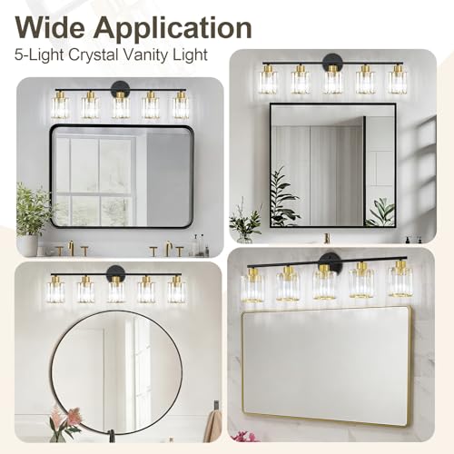 Image of Modern Black Gold Crystal Bathroom Light Fixtures,5-Light
