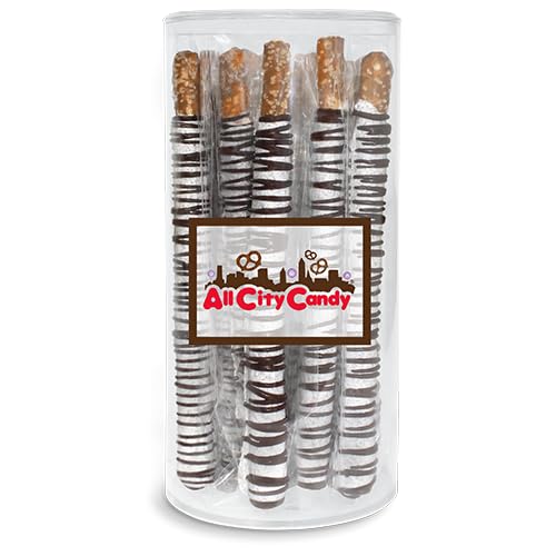 All City Candy Cookies and Cream Pretzel Rods, Hand-Dipped in White Chocolate with Crushed Sandwich Cookies, Milk Chocolate Drizzle, Individually Wrapped, Clear Gift Canister, 12 Pieces, Gift Ready, Home snacking or Hostess gifts