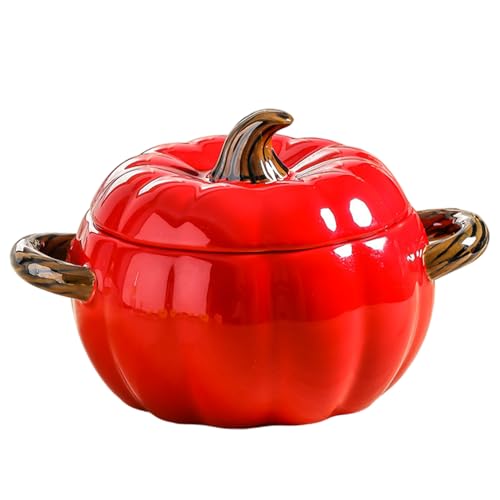 Ciotola di zucca con coperchio, 400 ml di ciotola di ceramica di zucca carina con doppia maniglia, un utensile decorativo e facile per il Ringraziamento di Halloween, rosso, ceramica con coperchio, c