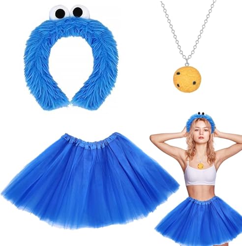Disfarce de monstro de bolachas com cabeça, colar de bolachas e saia de tule azul - perfeito para festas de carnaval, Halloween, aniversários e muito mais