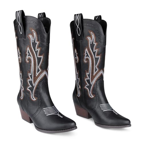 Zzheels Women Mid-calf Cowboy Boots Pointy Toe Boot Embroidered Western Cowgirl Boots Chunky Heels