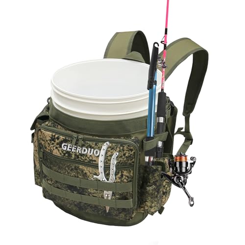 Fishing Bucket Backpack with Rod & Plier Holder and Pockets for Fishing, Hunting, Apple Picking for 5 Gallon Bucket (Camo)