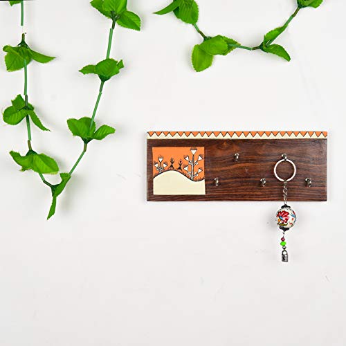 Image of Artysta 'Celebration of Life' Orange and White Wooden Key Holder for Wall Stylish Decorative Keychain Holder Key Hanger for Home Decor (5 Hooks)