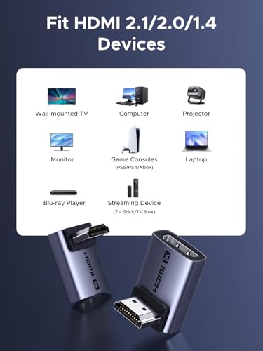 Image of UGREEN 10K 8K@60Hz HDMI 2.1 Right Angle Up and Down Male to Female Adapter 2 Pack, 4K@240Hz High Speed L-Shaped Connector 3D HDR VRR 48Gbps Compatible with HDTV Roku Stick Chromecast Laptop PC Switch