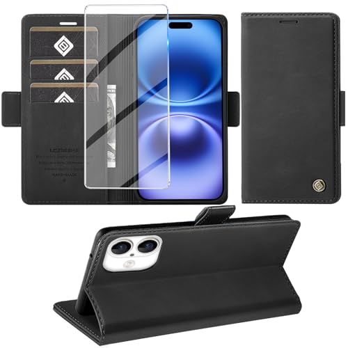 Giyer Handyhülle für iPhone 16 Hülle mit Schutzfolie, Kartenfach Wallet Klapphülle Premium Leder Standfunktion Schutzhülle für iPhone 16 4G/5G Flip Hülle Cover Tasche (Schwarz)