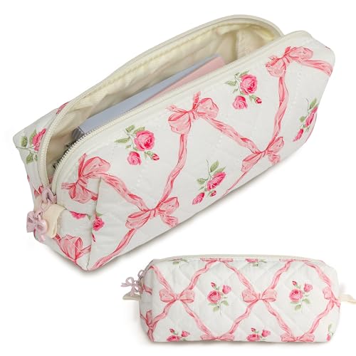 shiprabags Cute Quilted Pencil Case for Girls Women, Aesthetic Small Floral Pencil Pouch,Slim Soft Pencil Bag for School Supplies Makeup Pouch for School & Daily Use (pink bow)