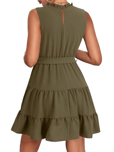 Umenlele Women's Ruched Trim Crewneck Sleeveless Tie Knot High Waist Ruffle Layered Short Dress2